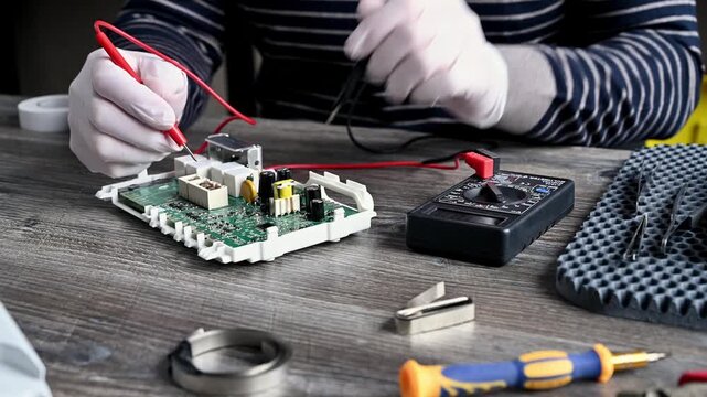 Close-up of a service engineer wearing white gloves performing diagnostics with a multimeter.