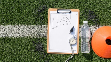 Soccer coaching equipment on artificial turf. A clipboard with tactical plan, whistle, stopwatch, water bottle, and orange cone on a green pitch. Perfect for sports and world cup strategy.