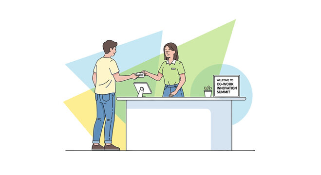 Young man showing event pass to attending woman at info desk