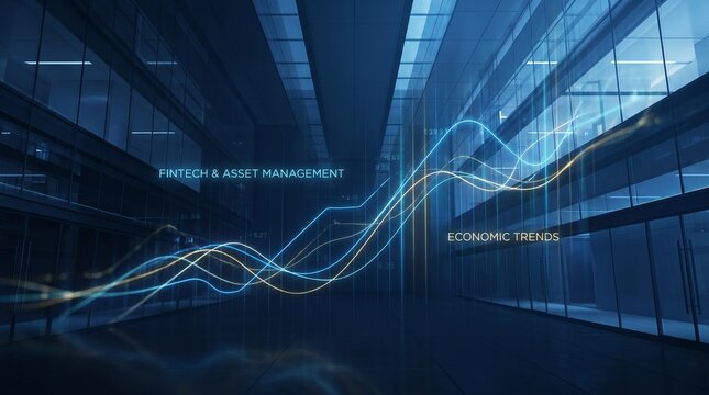 Abstract Fintech Background with Rising Blue and Gold Financial Data Lines in Futuristic Glass Corporate Office Architecture