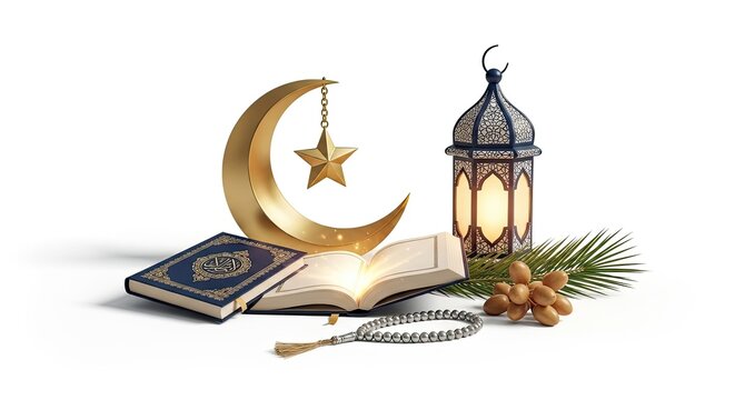 A golden crescent moon and star are placed alongside an open book and a decorative lantern. A prayer bead necklace and a sprig of green foliage complete the composition.