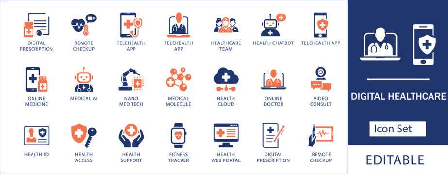 Digital healthcare and online telemedicine icon set featuring medical AI chatbot, virtual doctor consultation, electronic health prescription, and remote checkup.