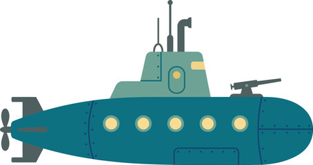 Teal submarine with yellow portholes and gray details, side view nautical © GT Designs