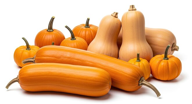 A collection of pumpkins and butternut squash are arranged on a white surface. The pumpkins are various shades of orange, ranging from bright to muted.