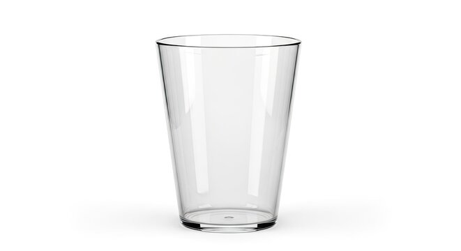 A clear, tall, plastic beer glass stands upright on a white surface. The glass has a classic pint shape with a slightly flared lip and a flat base.