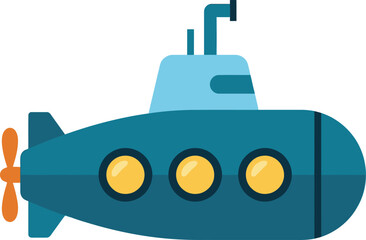 Teal submarine with yellow portholes and orange propeller on white background © GT Designs