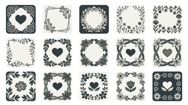 Collection of Decorative Floral Frames with Hearts in Square Shapes.