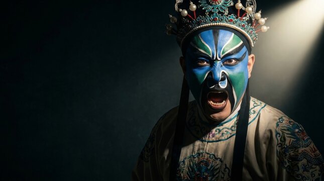 Chinese Peking Opera performer in dramatic face makeup and traditional costume on dark stage