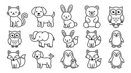 Obraz premium Kawaii animal coloring page icons, set of 15 cute cartoon animal line art vectors, minimalist black and white nursery illustrations for kids activity