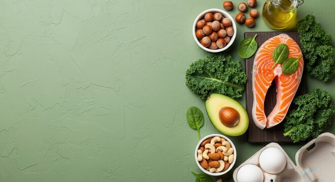 Healthy Food Ingredients for Keto and Paleo Diet with Salmon Avocado Eggs Nuts and Green Vegetables on Green Background