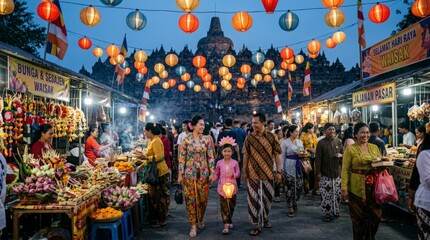 Obraz premium People celebrating Vesak at Borobudur Temple, Indonesia.