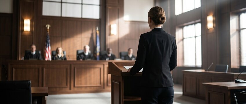 Back view of a female lawyer standing at a podium addressing judges during a court trial.