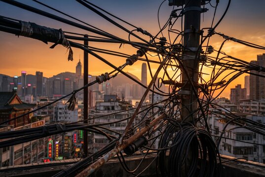  Chaotic tangled electrical wires on a city roof against a beautiful sunset, concept for urban infrastructure and telecommunication complexity