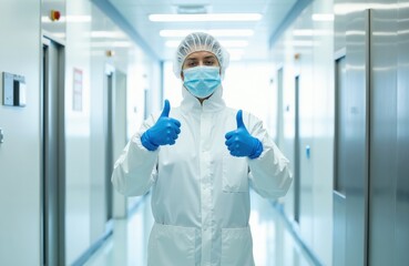 Fototapeta premium Worker in sterile suit and mask gives two thumbs up. Pro shows approval in clean room hallway. Expert confirms safety protocols in medical lab environment.
