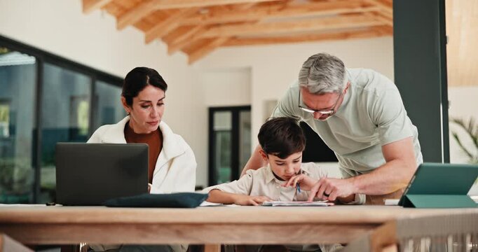 Family, remote work and helping child with homework, education or accountant with laptop for project. Bookkeeper, online and mature woman with tech, dad and advice for boy with assignment in house