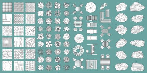Top view line outline stroke collection of landscape design elements including paving textures, garden plants, outdoor furniture, umbrellas and decorative stones. Hand drawn monochrome architectural s © Алексей Шпадарук