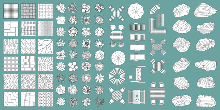 Top view line outline stroke collection of landscape design elements including paving textures, garden plants, outdoor furniture, umbrellas and decorative stones. Hand drawn monochrome architectural s