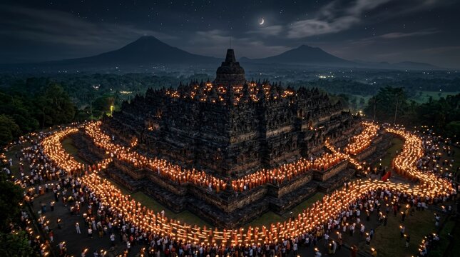 Borobudur Temple at Night with Illuminated Path and Distant Mountains.