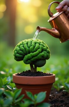 Green brain plant grows in pot with hand watering. Concept of mind growth learning and mental health development. Nurturing intelligence cognition creativity.