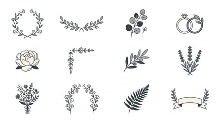 Collection of Hand Drawn Botanical Elements and Decorative Accents. © Revan