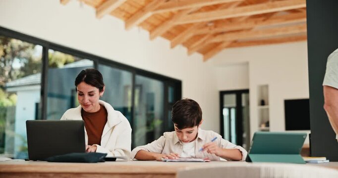 Family, remote work and high five with child, education or accountant with laptop for project on web. Happy, bookkeeper and mature woman with tech, dad and celebration with boy for academic growth