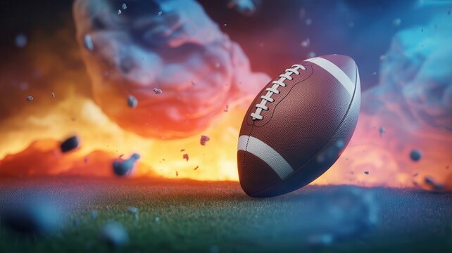 Cinematic American football in dramatic smoke and fire lighting effects