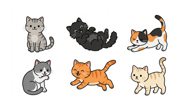 Cute Kitten Poses Vector Set | Cartoon Cats on White Background