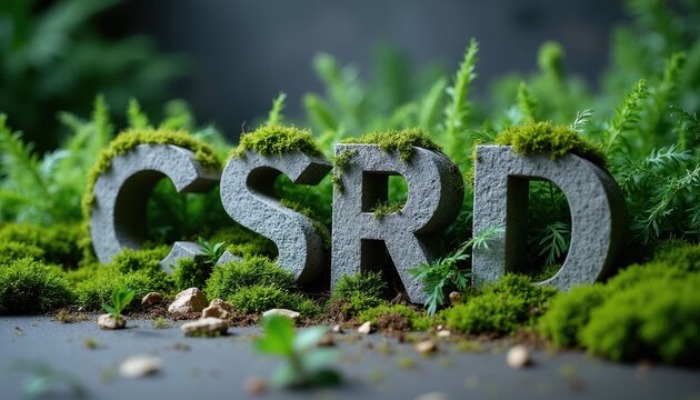 Stone letters CSRD with moss and plants. Symbolizes corporate sustainability reporting and ESG goals. Nature integration for green business.