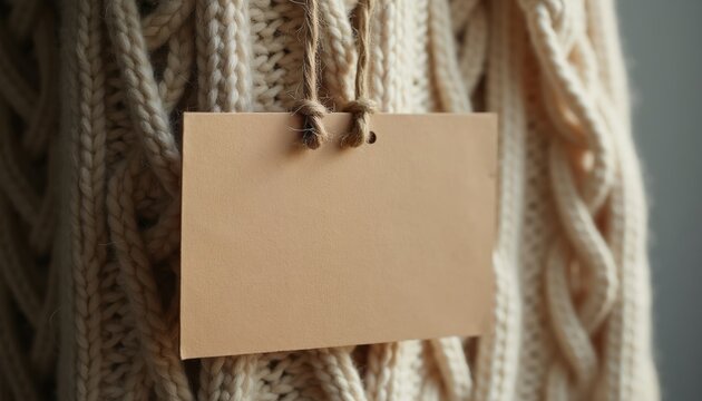 Blank tan tag hangs on chunky knit sweater. Natural wool texture provides warm cozy feel. Perfect for seasonal sale price labels or custom branding.