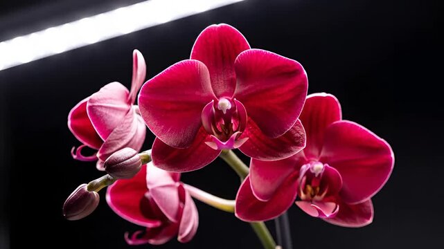 Closeup of a Blooming Red Orchid Plant with Dark Background.