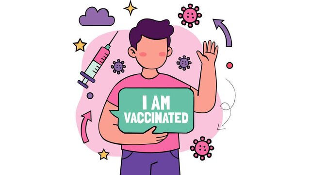Animated footage of a vaccinated person holding an immunization sign with syringe and virus icons, promoting healthcare, vaccination awareness, immunity, disease prevention, and public safety.