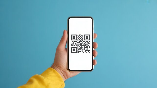 Hand holding smartphone with QR code on screen isolated on blue background