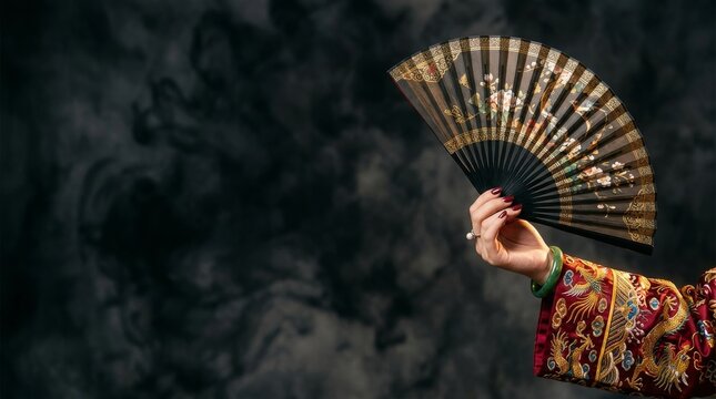 Peking Opera Performer Holding Ornate Fan Against Smoky Dark Background