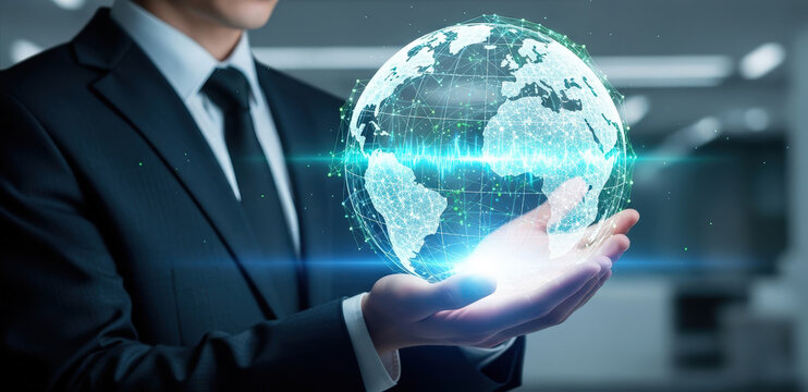 Digital globe in hand with cybernetic light projection over global map