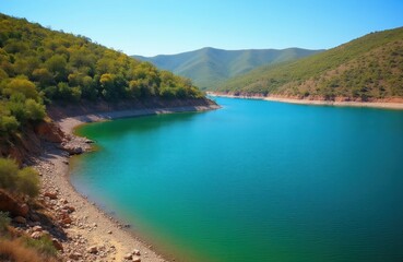 Obraz premium Reservoir with emerald blue water and calm ripples. Hills with green and yellow trees surround curved banks. Clear blue sky above scenic landscape.