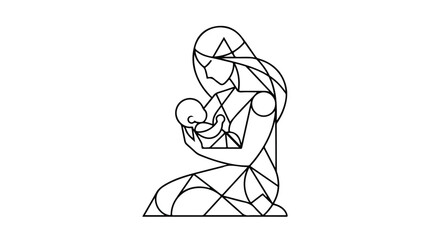 Obraz premium Geometric line art mother and baby vector, minimalist motherhood illustration, stained glass style woman holding infant, modern maternal love icon