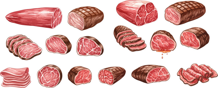 Collection of various raw beef cuts and cooked roasts, including sliced and whole pieces, isolated on white background.