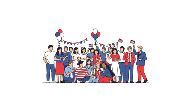 Diverse group of happy people celebrating with American flags and balloons.
