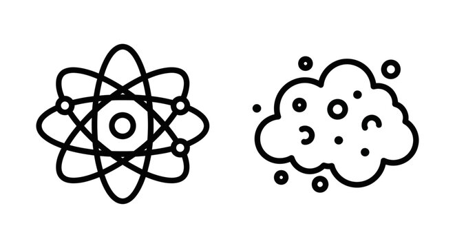 Icons representing atom structure and particles or molecules with energy levels atomic model building block molecule particle electron chemistry research abstract illustration