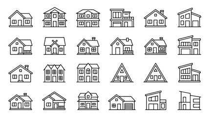 Fototapeta premium Minimalist house line icons set, 24 modern residential building vector symbols, simple real estate architecture outline illustrations for web design