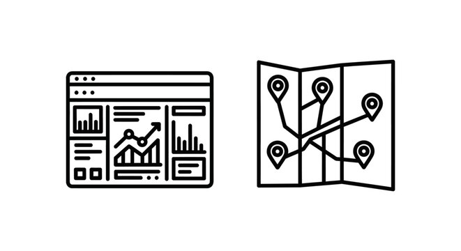Routing dashboard and overview icons with map pins dashboard overview navigation location tracking analytics business connection delivery direction dispatch distribution