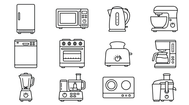 Minimalist kitchen appliances icon set, 12 black outline household electronics vectors, modern cooking equipment and home appliance collection