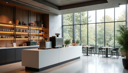 Obraz premium Modern cafeteria interior with coffee bar, shelf displays, large window views, seating areas. Natural light streams in, clean lines, minimalist decor. Offers calm, contemporary space for relaxation