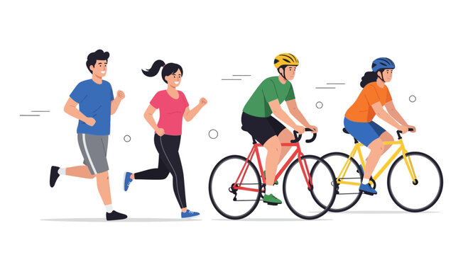 Group of diverse people jogging and cycling together for outdoor fitness.