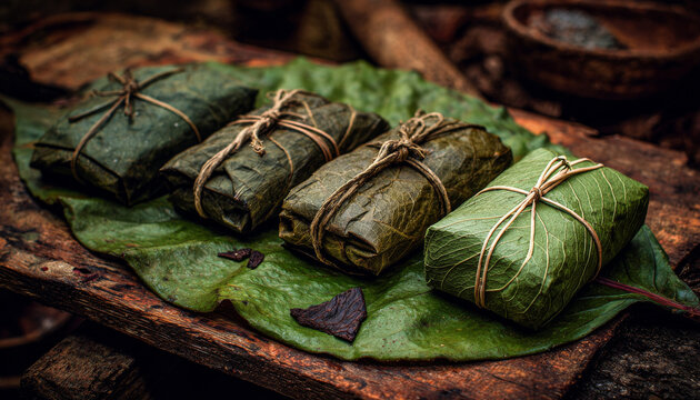 Four green leaf wrapped packages tied with natural string on large green leaf, rustic wooden surface, natural and organic food presentation