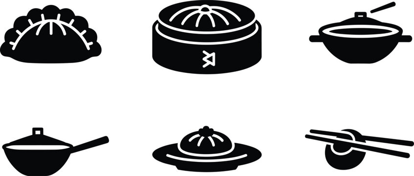 Asian cuisine icons set with dumplings noodles and wok dishes isolated on white background black silhouette collection for restaurant and food design use