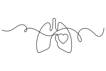 Obraz premium Continuous one line drawing of human lungs with heart vector illustration