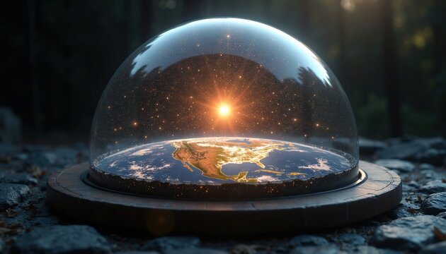 3D model shows flat earth under glass dome. Stars and sun within the dome. Geocentric cosmos concept. America continent visible on the planet surface. Outer space view.
