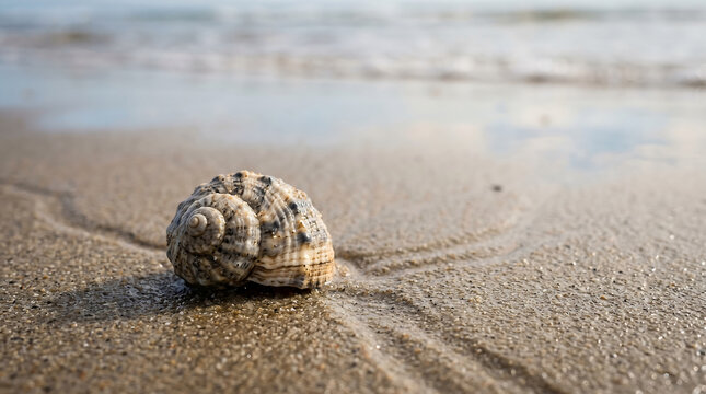A large seashell lies on wet sandy beach with ocean waves approaching