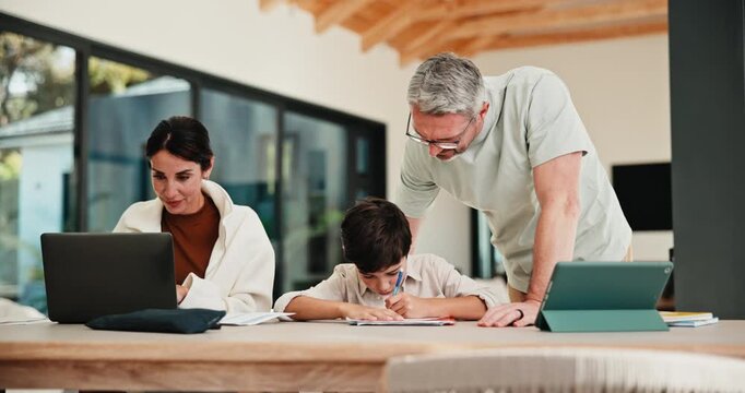 Kid, writing or parents with high five for education in learning support, quiz answer or remote work. Family, mature dad or child in celebration for correct solution, study help or homeschool lesson